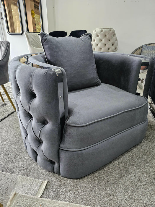 Casino Sofa Chair Grey Velvet & Chrome Detailing
