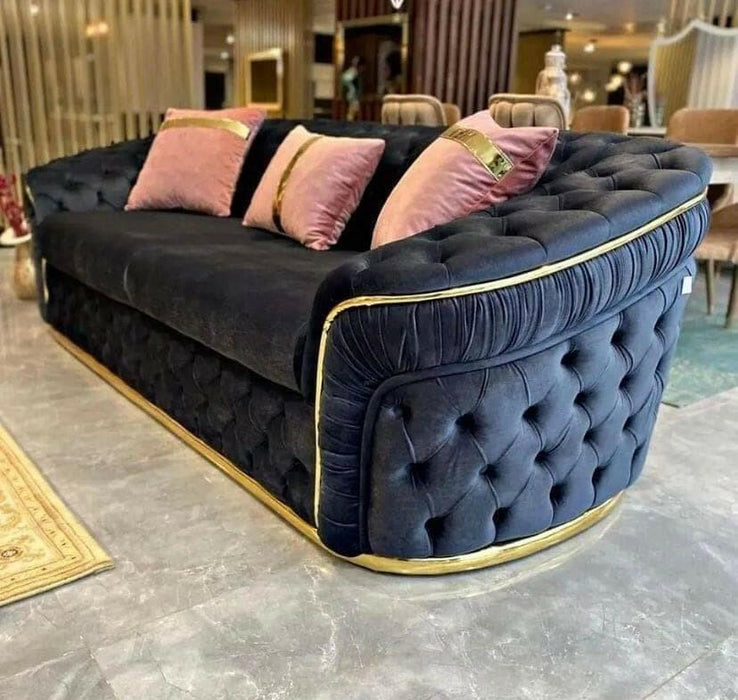 Ambassador 3+2+1 Seater In Black & Gold Plush Velvet