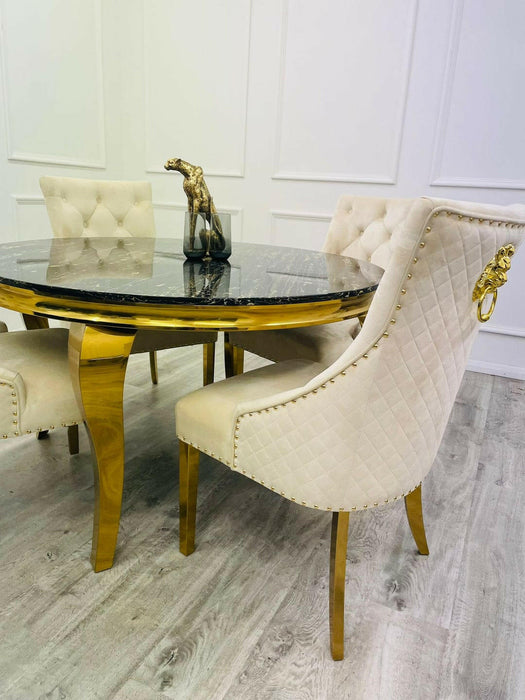 Louis Round Marble Dining Table With Gold Legs + 4 x Majestic Dining Chairs