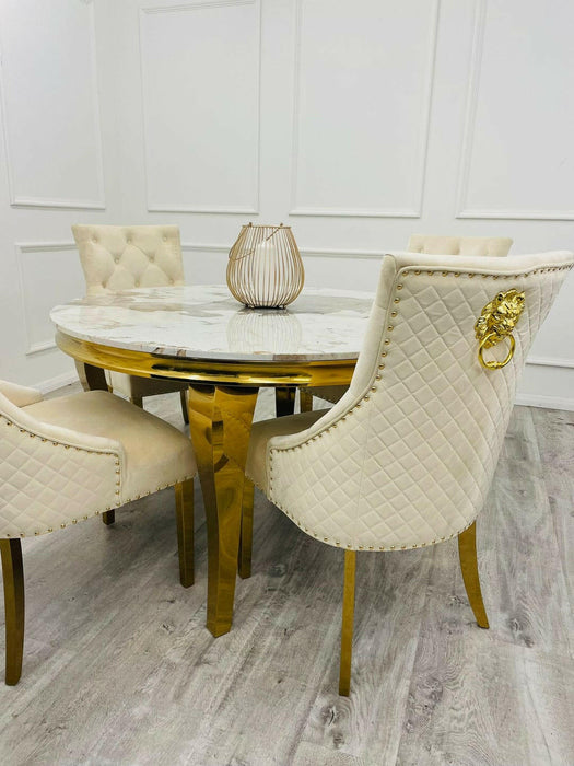 Louis Round Marble Dining Table With Gold Legs + 4 x Majestic Dining Chairs