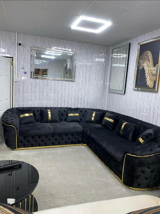 Ambassador Corner Sofa In Black & Gold Plush Velvet - 270cm x 270cm