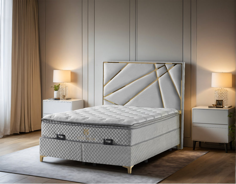 Helix Divan Bed & Mattress Set Kingsize Silver Velvet & Gold