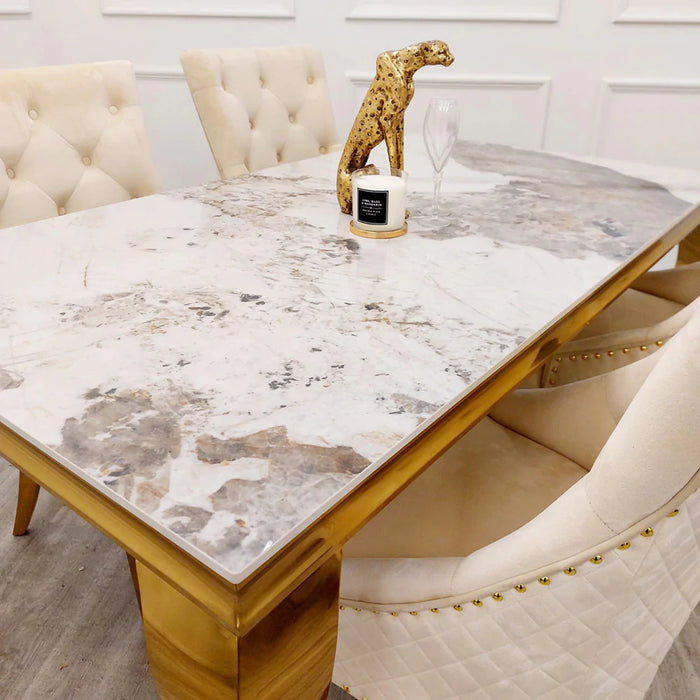 LOUIS 1.6M PANDORA SINTERED STONE DINING TABLE + 4 x MAJESTIC CREAM & GOLD DINING CHAIRS