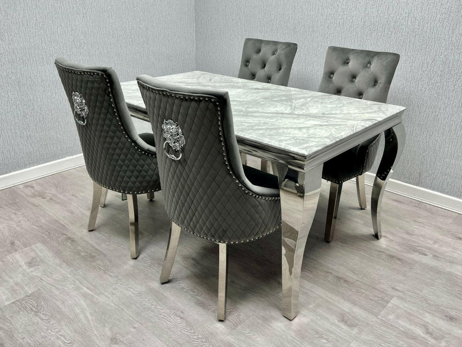 Sofia Grey & Silver Dining Table + Majestic Lion Knocker Back Dining Chairs