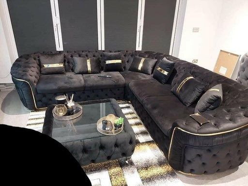 Ambassador Corner Sofa In Black & Gold Plush Velvet - 270cm x 270cm