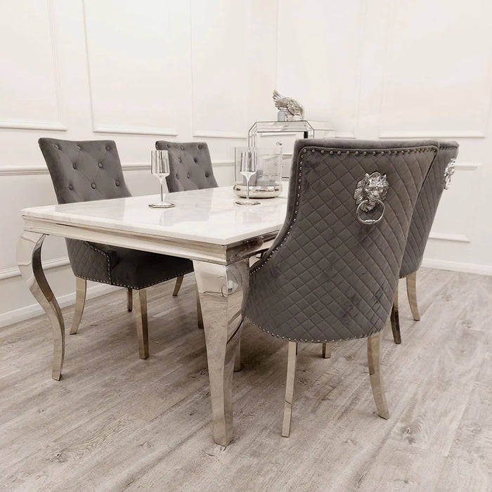 Louis mirrored dining table with 4 grey chairs and bench in online velvet