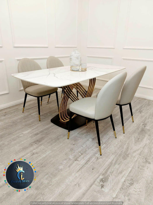 Orion Gold 1.8 Polar White Sintered Stone Top + Sienna Dining Chairs