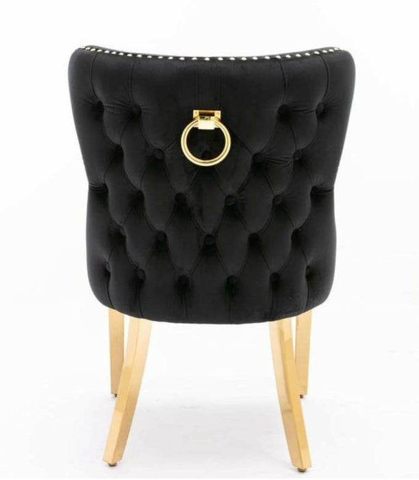Valentino Black Velvet Dining Chairs Circle Knocker Gold Legs