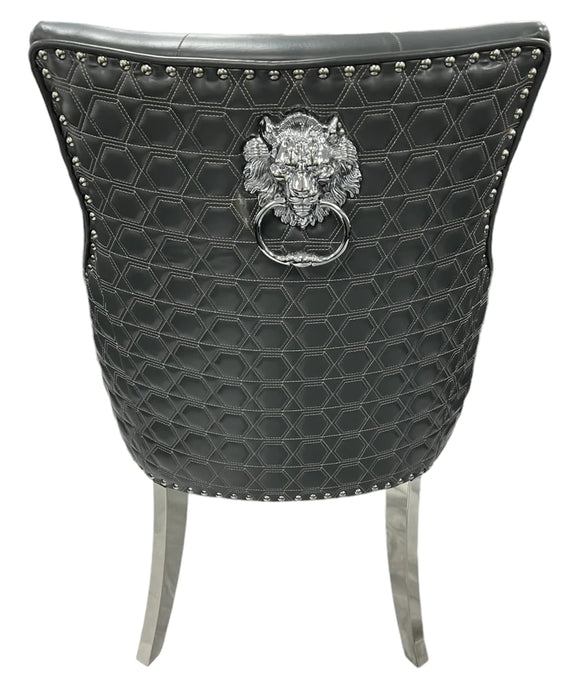 Lexi Chair Grey Leather & Chrome Legs - Lion Knocker