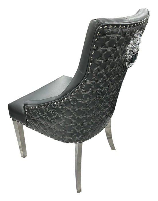 Lexi Chair Grey Leather & Chrome Legs - Lion Knocker