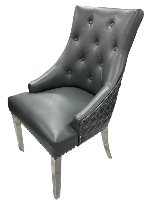 Lexi Chair Grey Leather & Chrome Legs - Lion Knocker