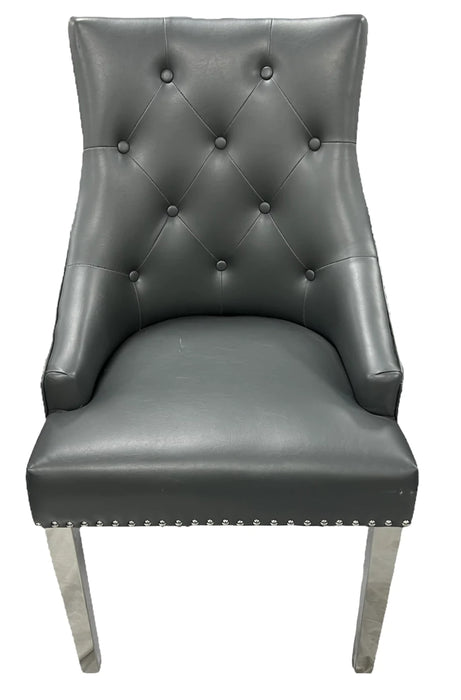 Lexi Chair Grey Leather & Chrome Legs - Lion Knocker